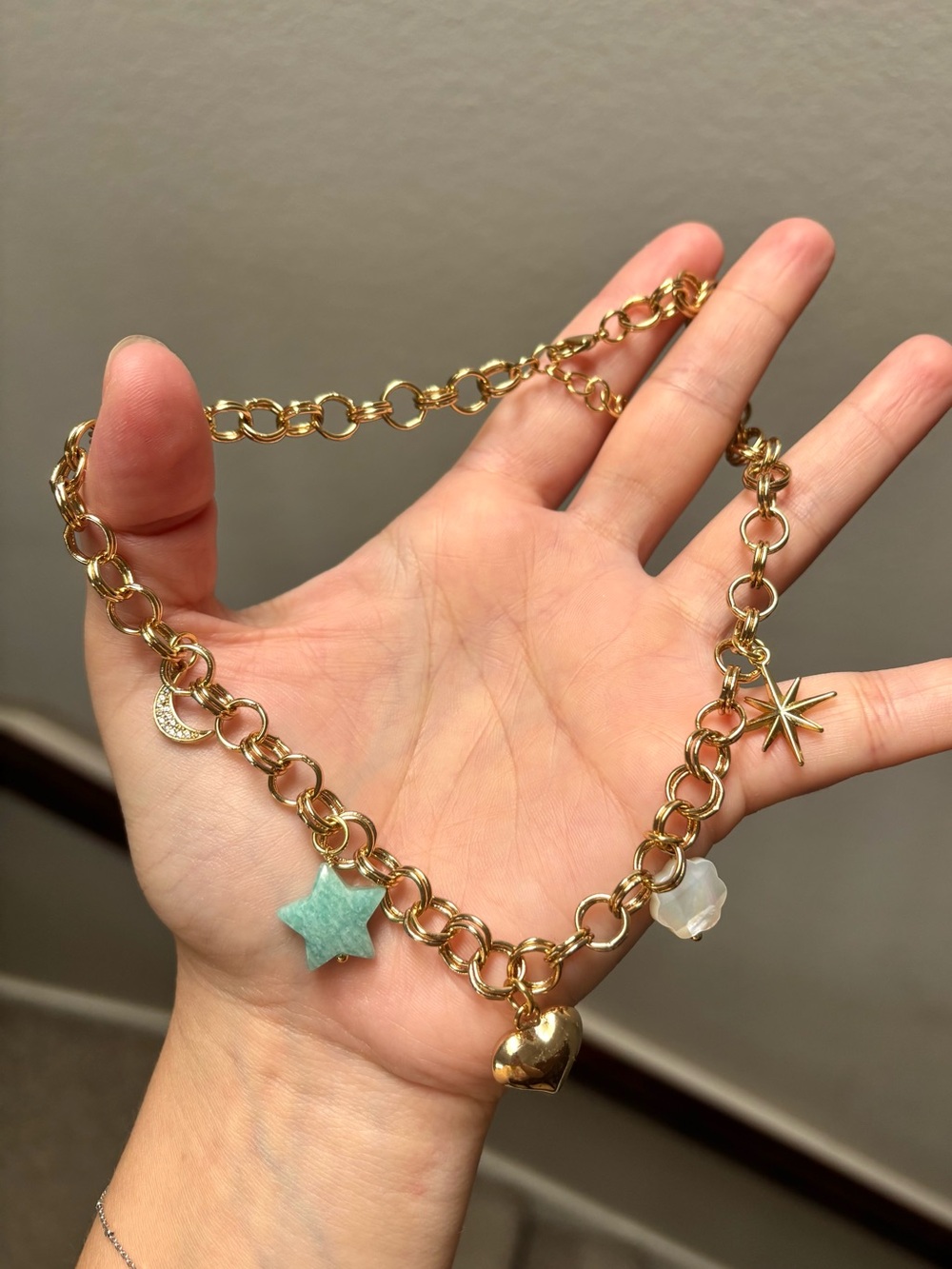 Luna Norte / Celestial Gold Tone Charm Moon Star Heart Flower Necklace